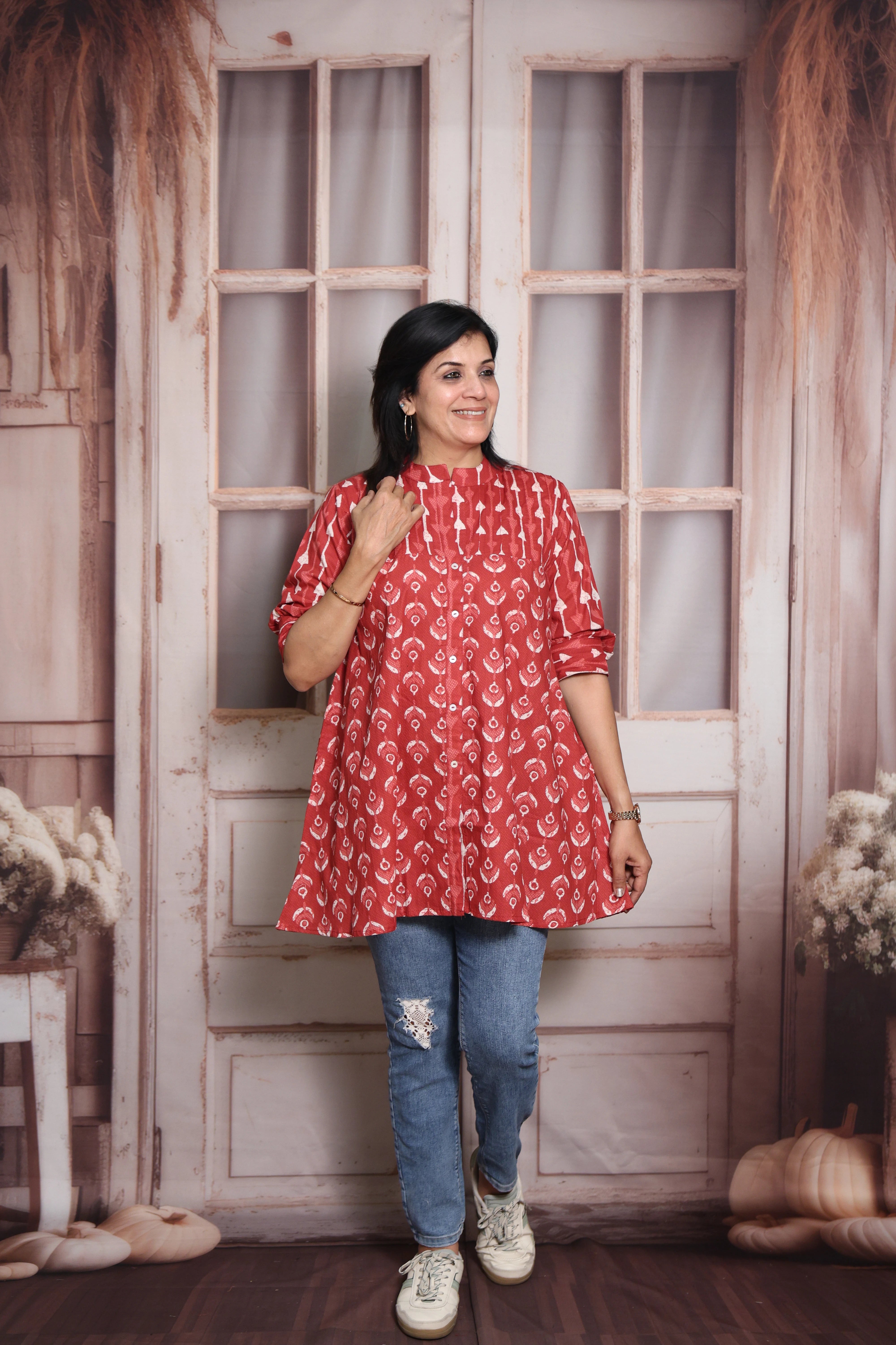 Dark Red Printed Short Top | Soft Cotton | Pintex & Block Print