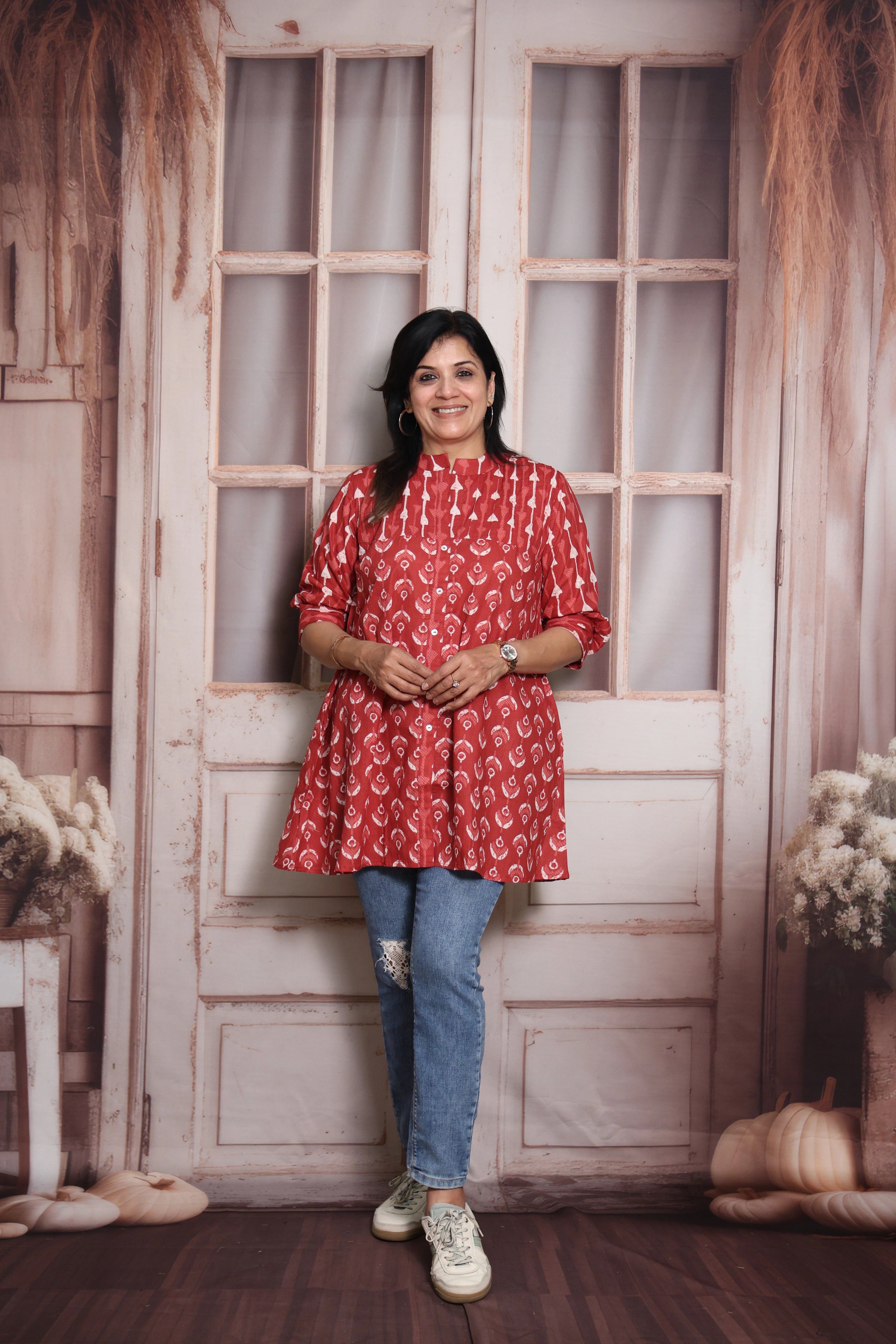 Dark Red Printed Short Top | Soft Cotton | Pintex & Block Print