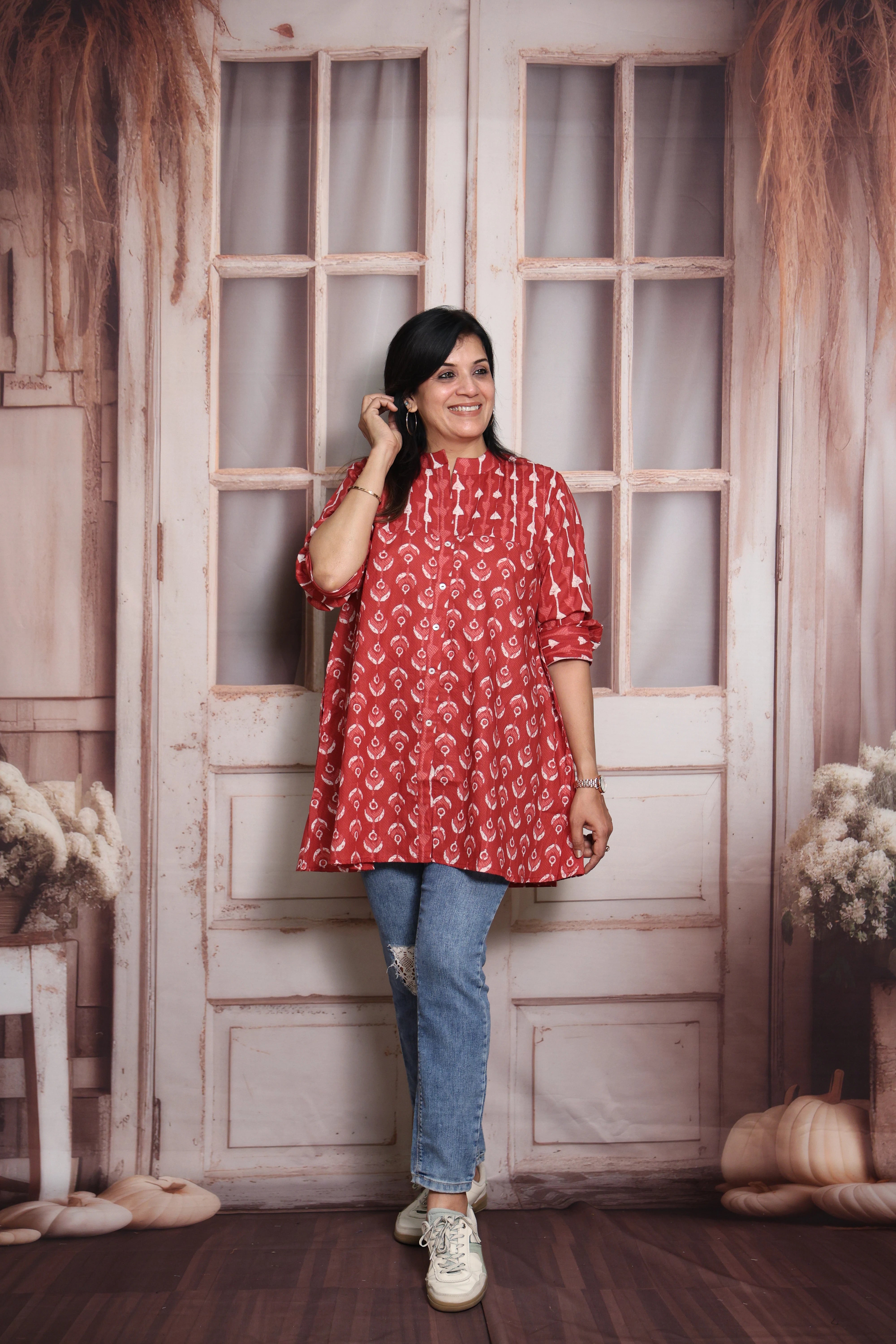 Dark Red Printed Short Top | Soft Cotton | Pintex & Block Print