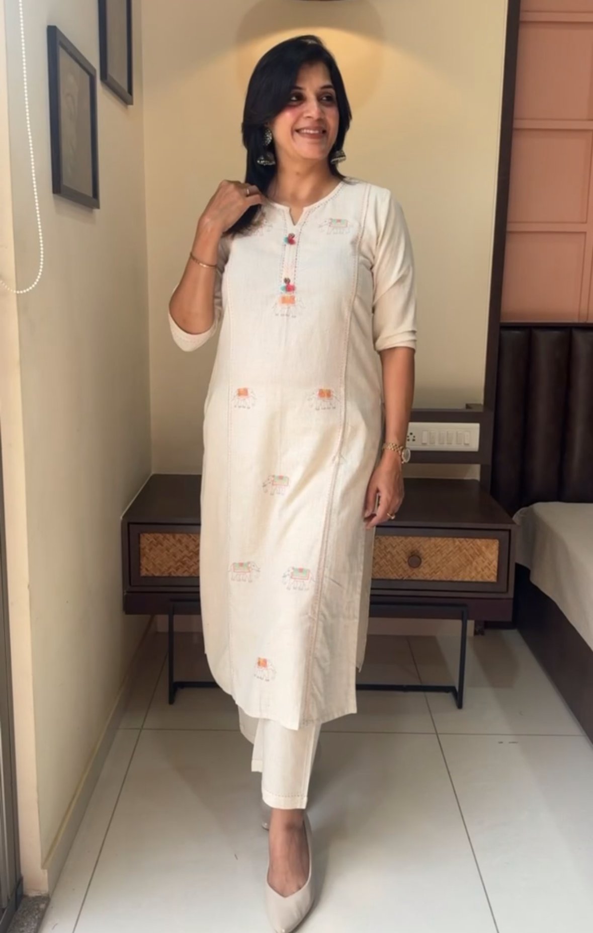Off-White Flex Cotton Kurti Pant Set for Women | Elephant Thread Work