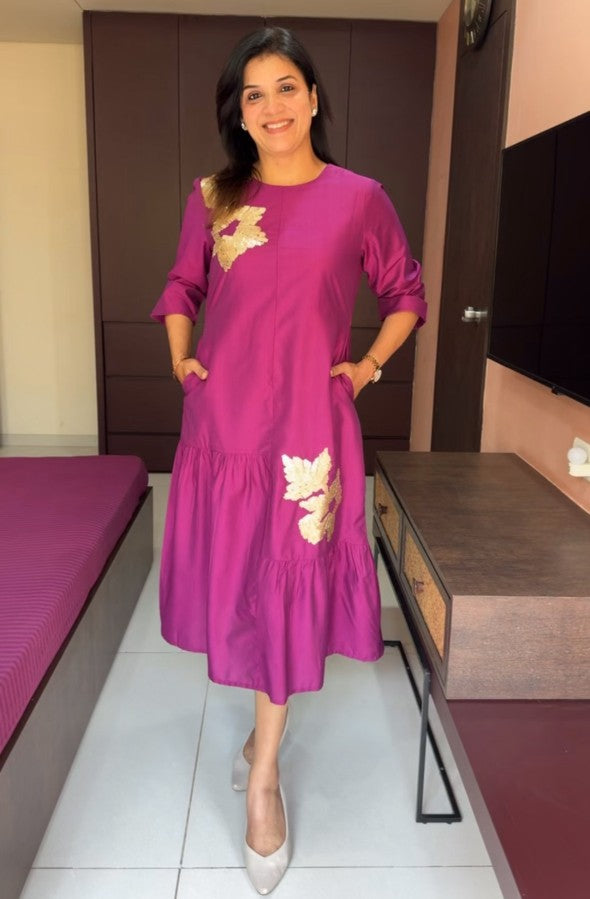 Magenta Muslin Long Tunic Dress | Sequins Embroidery