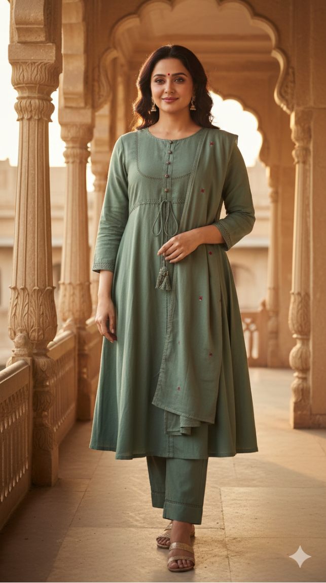 Peale Green Plus Size A-Line Kurti Pant with Dupatta Set | Size 46–50