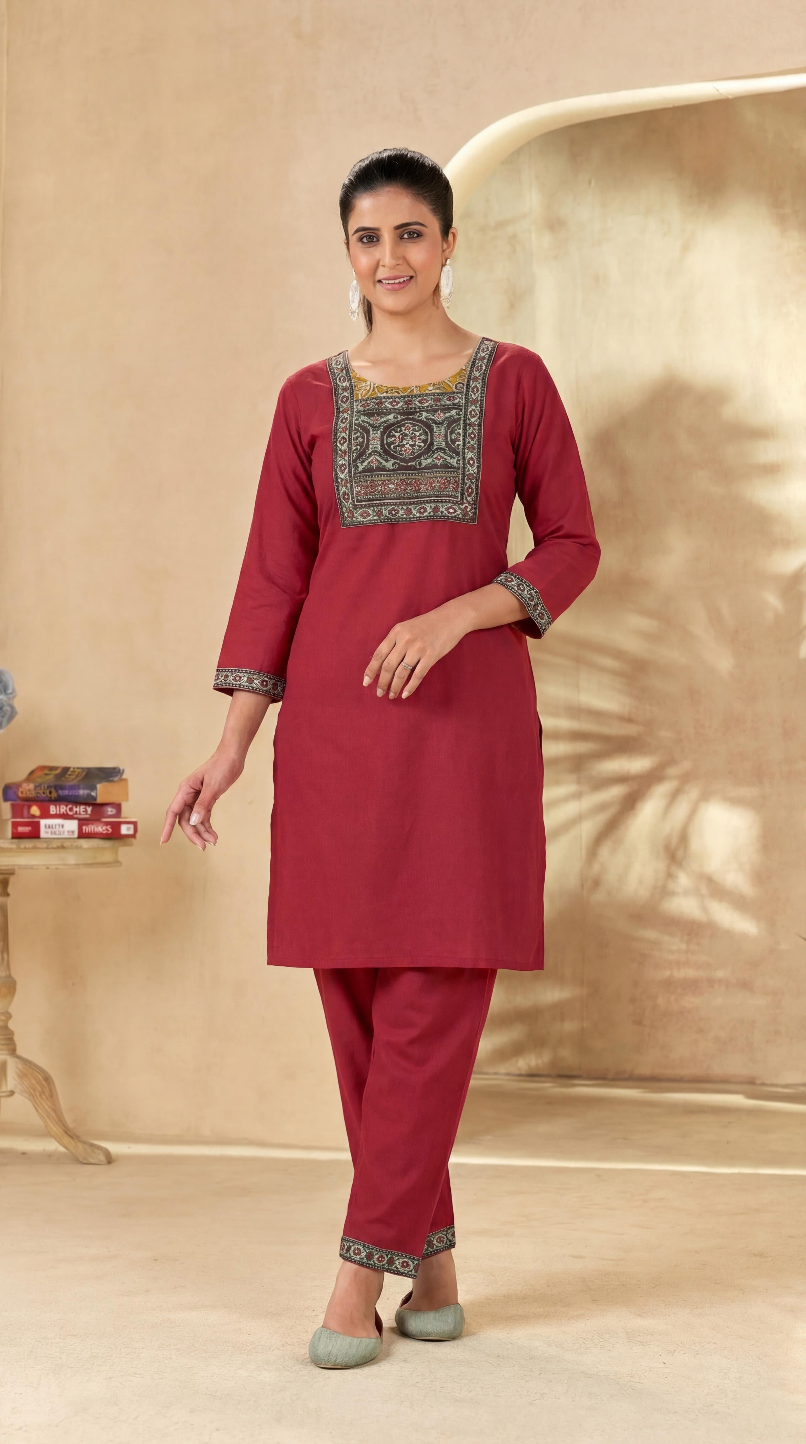 Maroon- Yoke work Kurti Pant Set