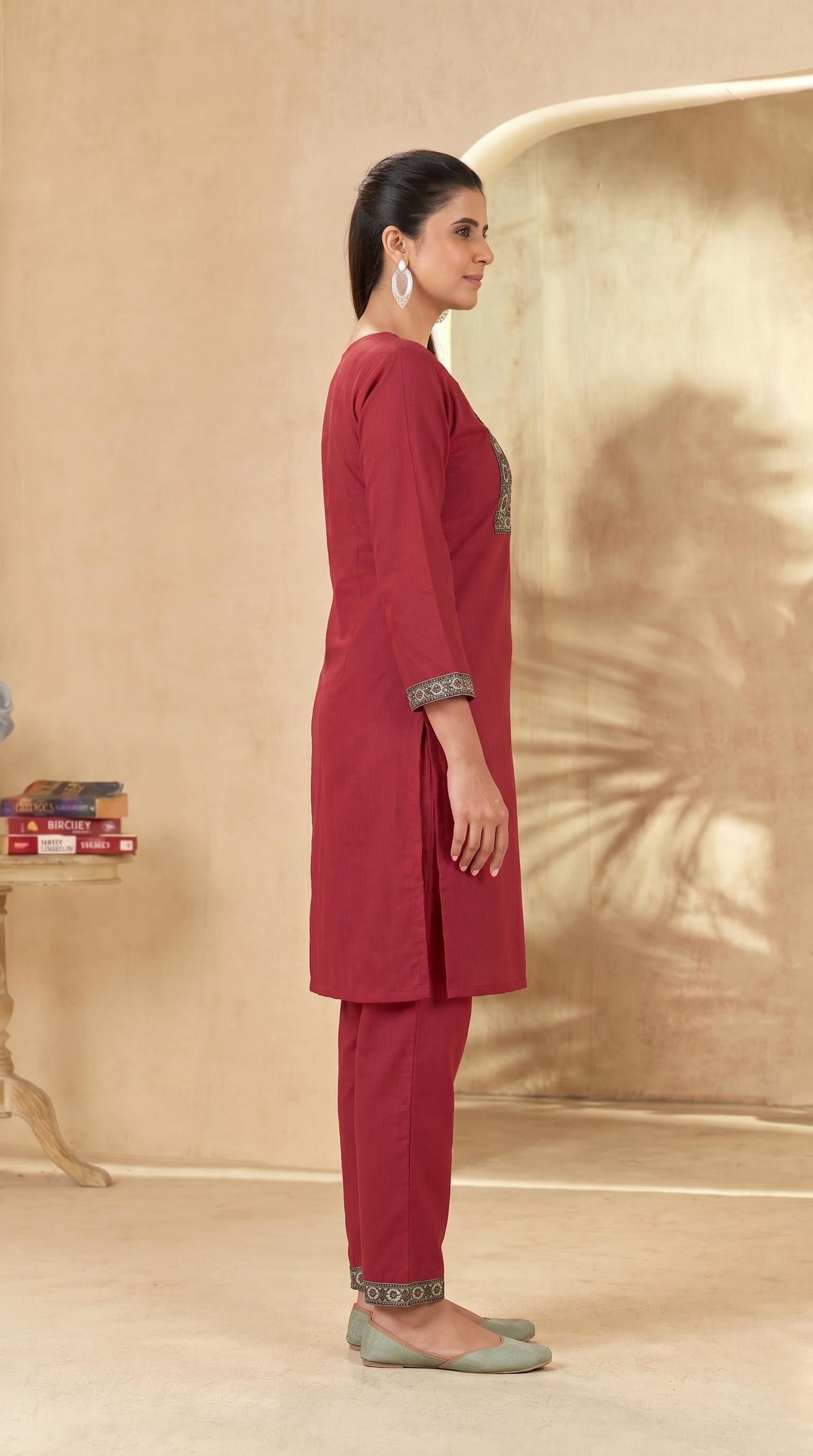Maroon- Yoke work Kurti Pant Set