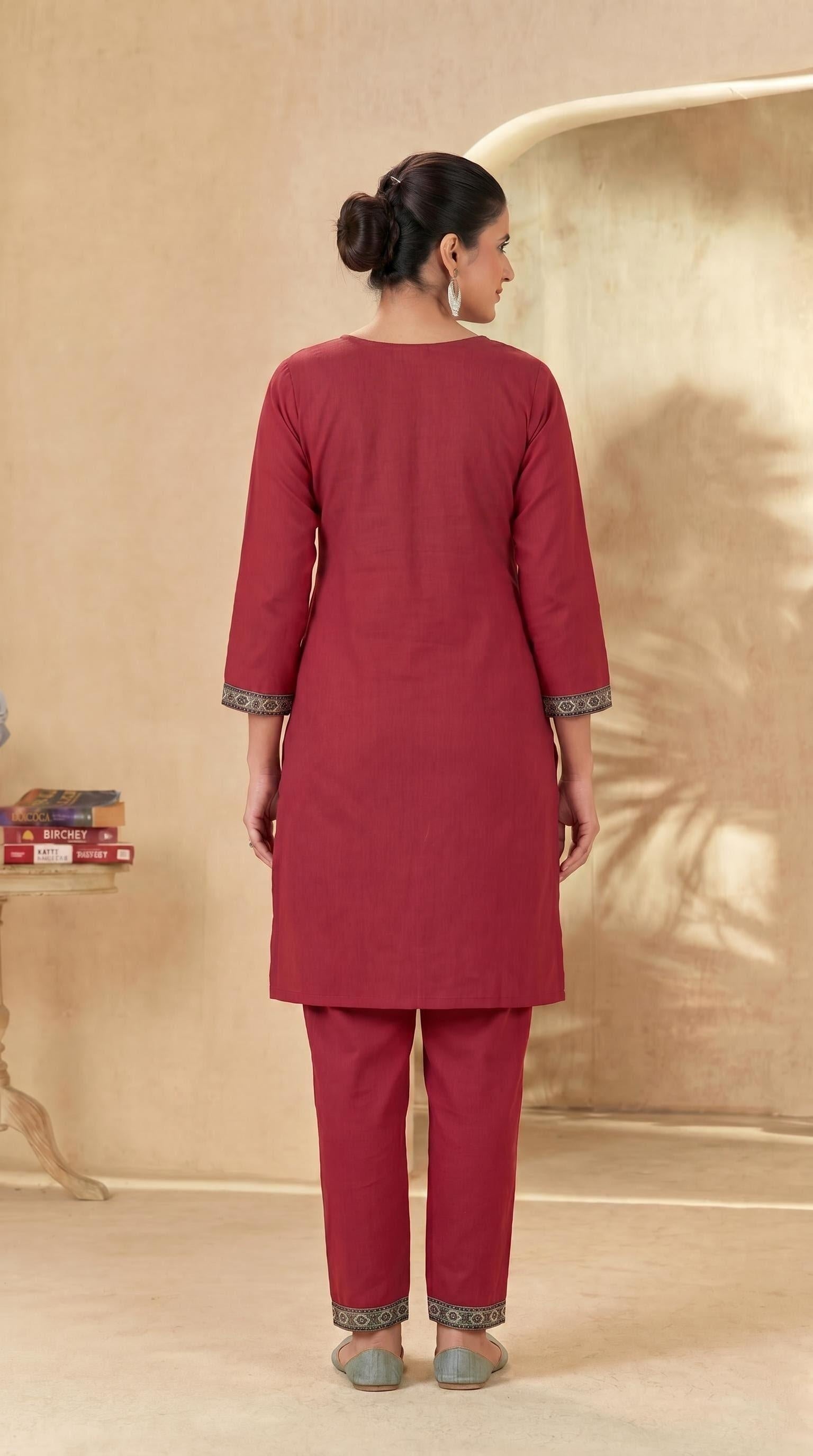 Maroon- Yoke work Kurti Pant Set