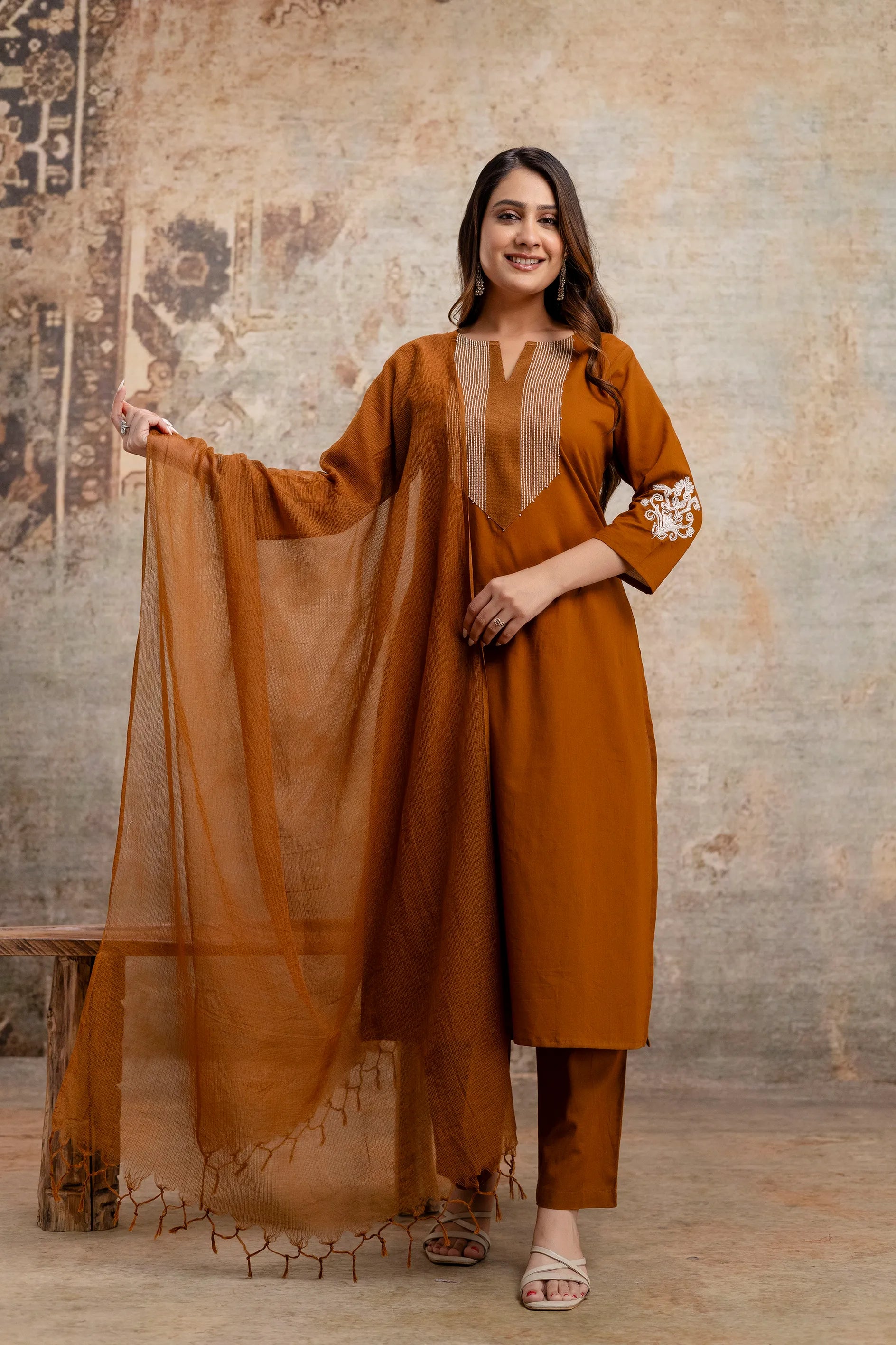 Sepia Brown Kurti Pant Kota Doria Dupatta Set | Soft Cotton
