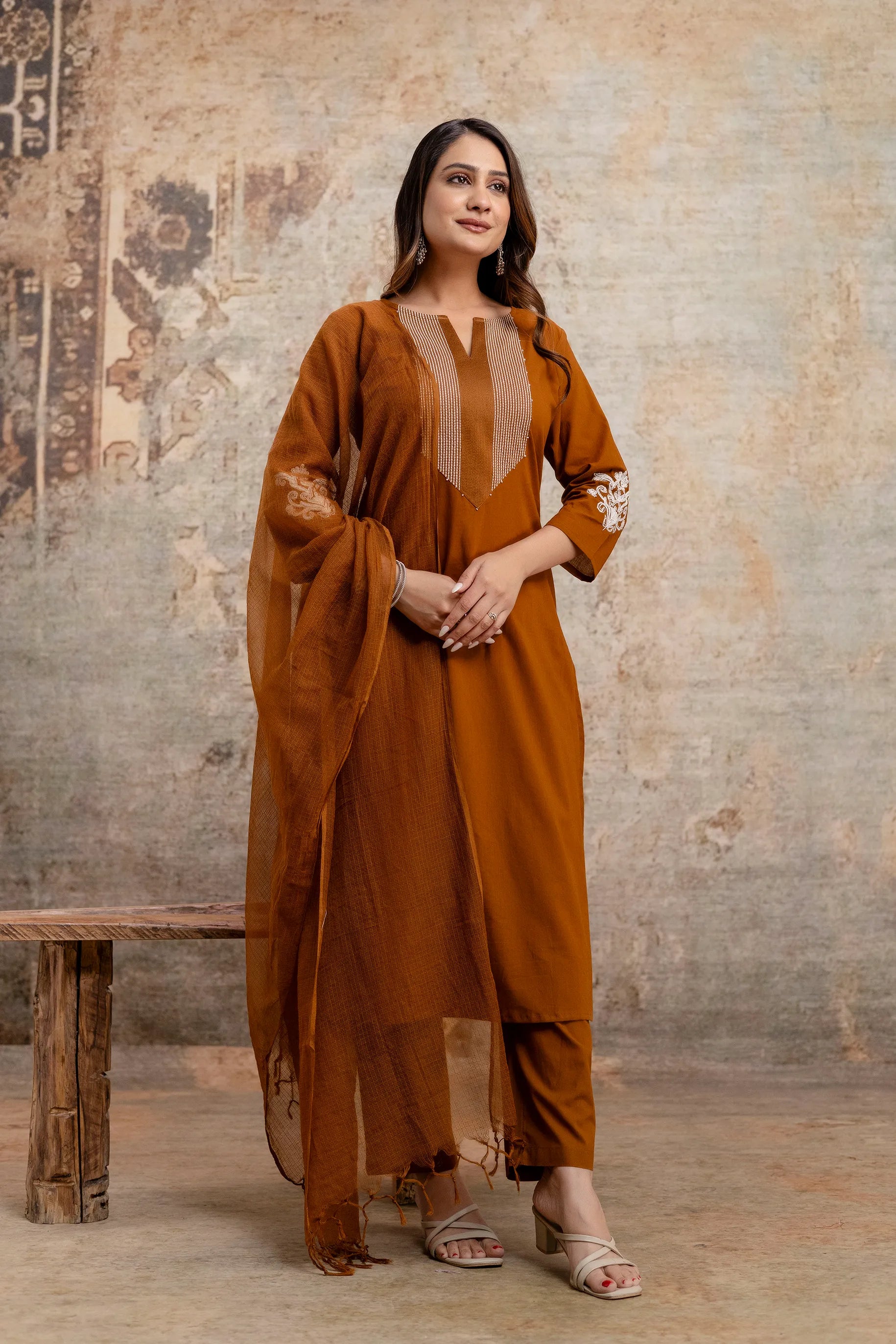 Sepia Brown Kurti Pant Kota Doria Dupatta Set | Soft Cotton