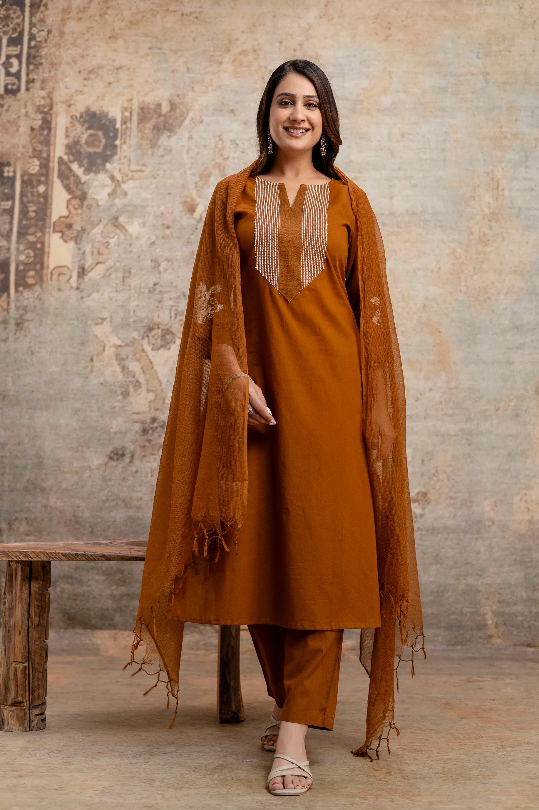 Sepia Brown Kurti Pant Kota Doria Dupatta Set | Soft Cotton