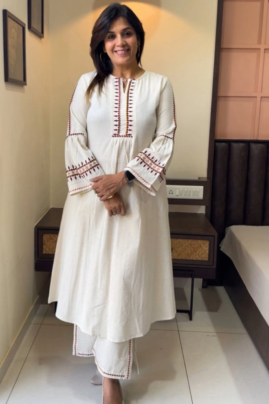 Off White Designer Kurta Pant Set | Elegant Flex Cotton Ensemble