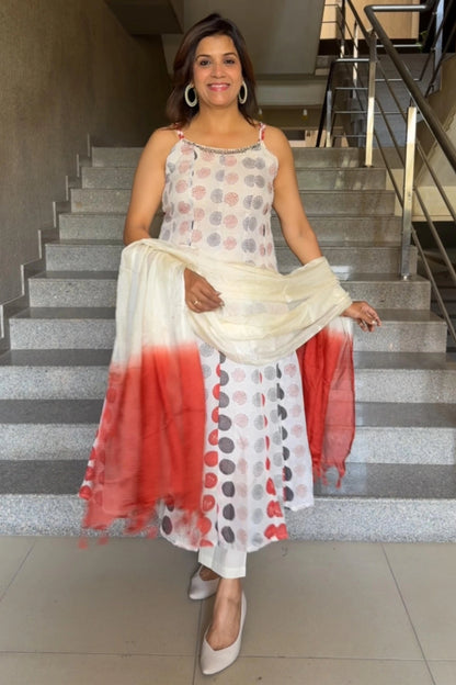 Printed Linen Cotton Spaghetti Kurta Pant Set with Dupatta