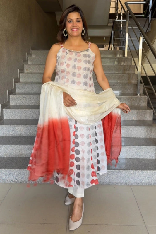 Printed Linen Cotton Spaghetti Kurta Pant Set with Dupatta