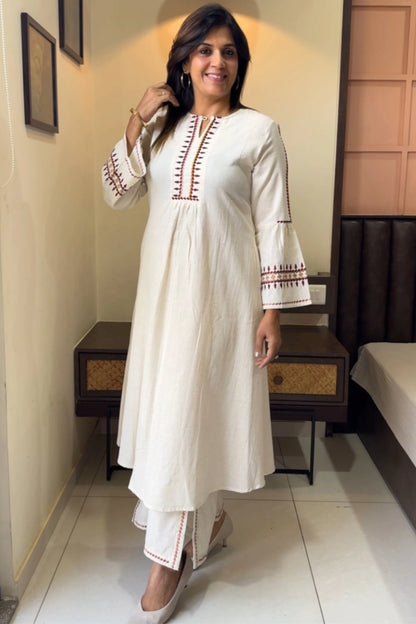 Off White Designer Kurta Pant Set | Elegant Flex Cotton Ensemble