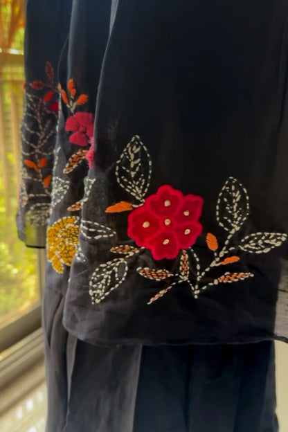 Jet Black Knee-Length Kurta Dupatta Set | Mul Chanderi | Katha Work & Appliqué Flowers