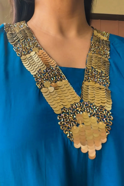 Teal Blue Tale Cut Co-ord Set | Premium Crepe | Sequins & Thread Embroidery