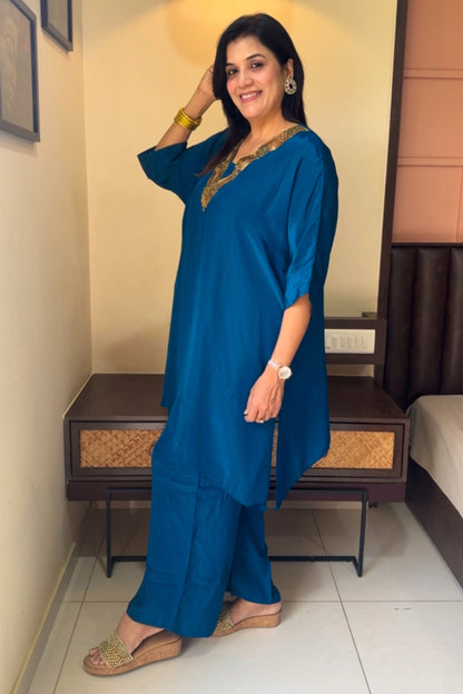 Teal Blue Tale Cut Co-ord Set | Premium Crepe | Sequins & Thread Embroidery