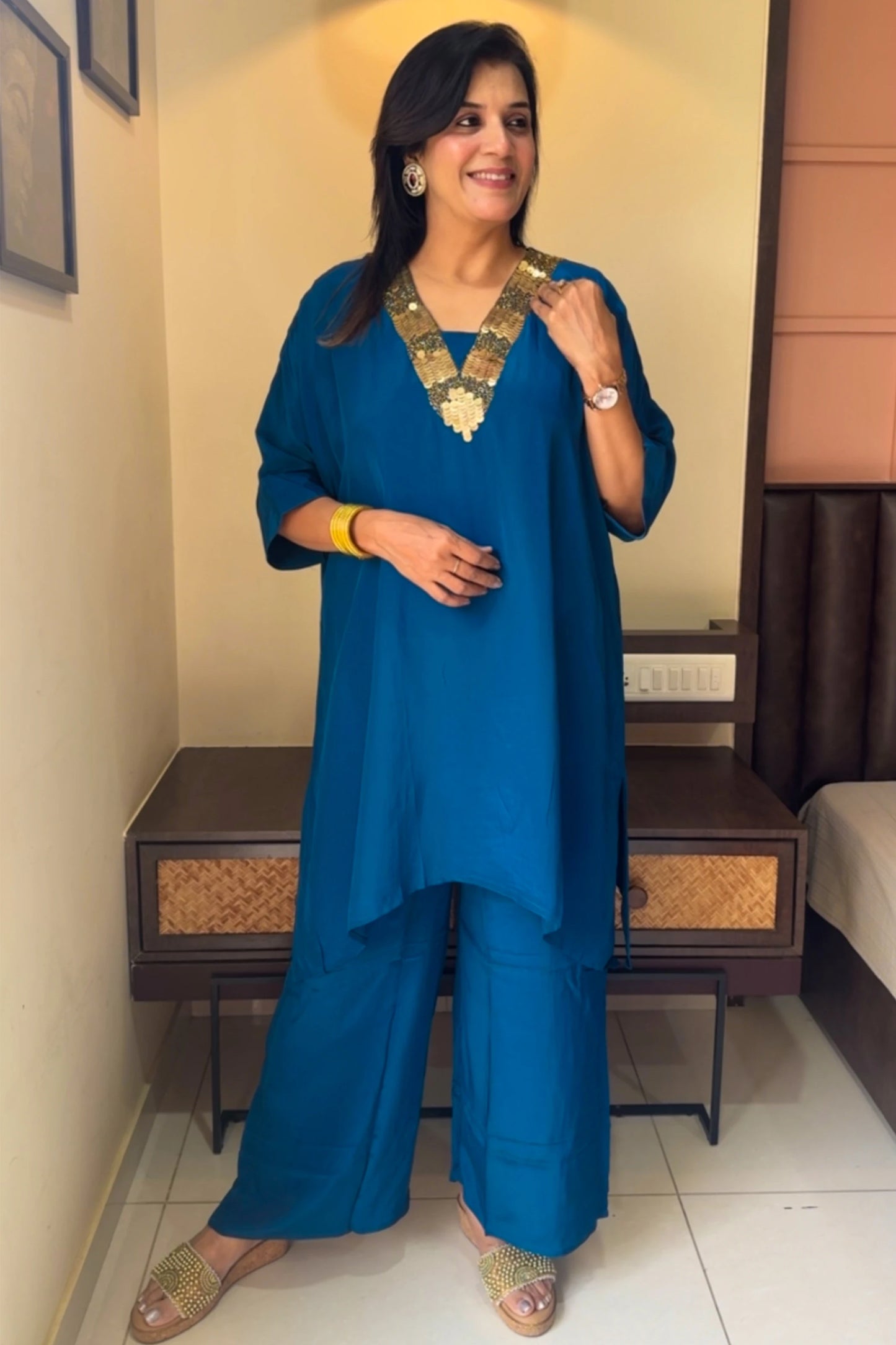 Teal Blue Tale Cut Co-ord Set | Premium Crepe | Sequins & Thread Embroidery