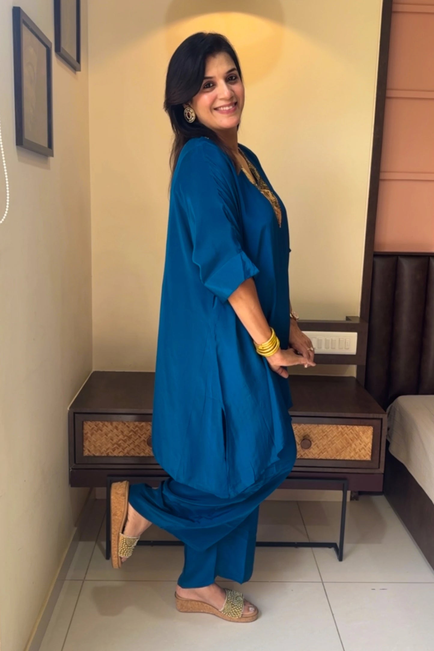 Teal Blue Tale Cut Co-ord Set | Premium Crepe | Sequins & Thread Embroidery