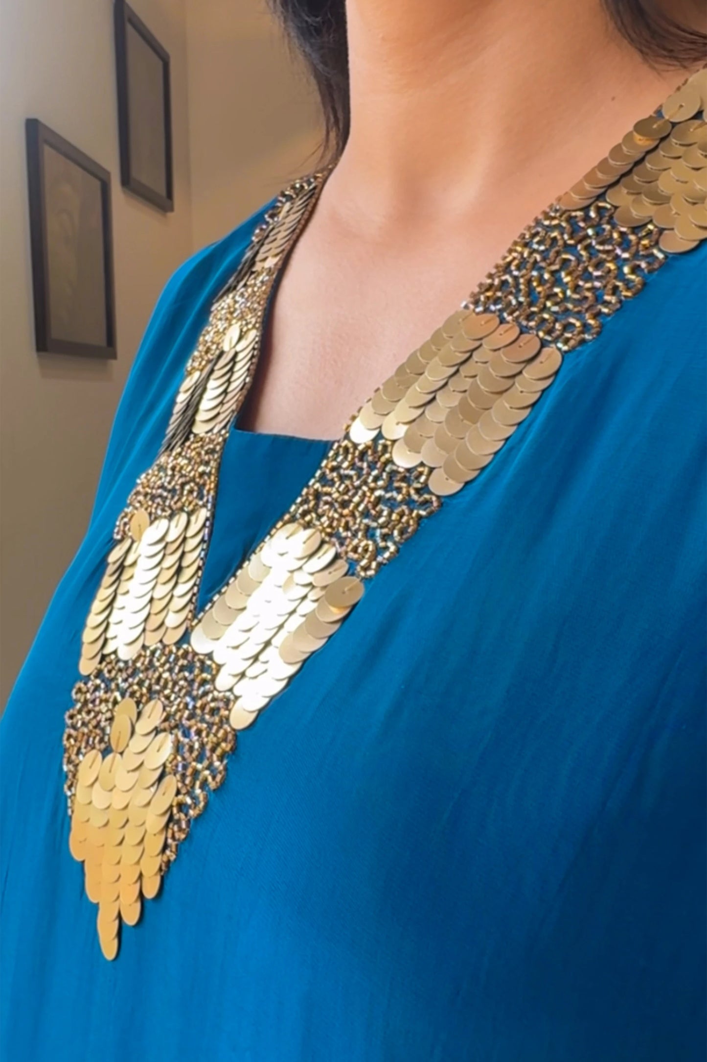 Teal Blue Tale Cut Co-ord Set | Premium Crepe | Sequins & Thread Embroidery