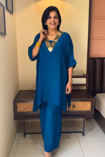 Teal Blue Tale Cut Co-ord Set | Premium Crepe | Sequins & Thread Embroidery