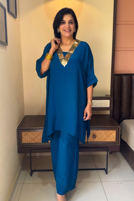 Teal Blue Tale Cut Co-ord Set | Premium Crepe | Sequins & Thread Embroidery
