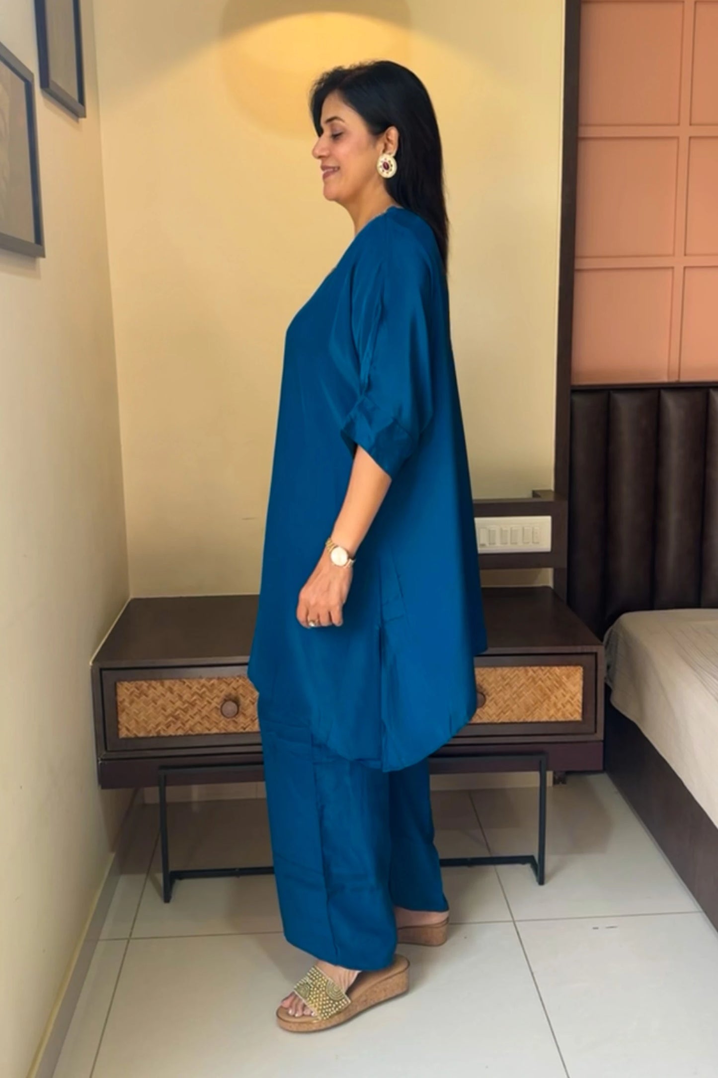 Teal Blue Tale Cut Co-ord Set | Premium Crepe | Sequins & Thread Embroidery