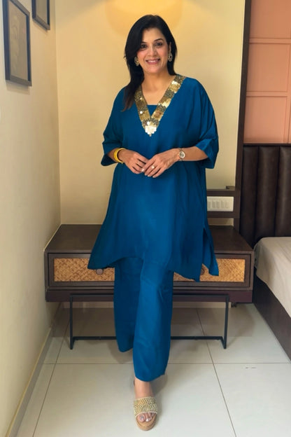 Teal Blue Tale Cut Co-ord Set | Premium Crepe | Sequins & Thread Embroidery