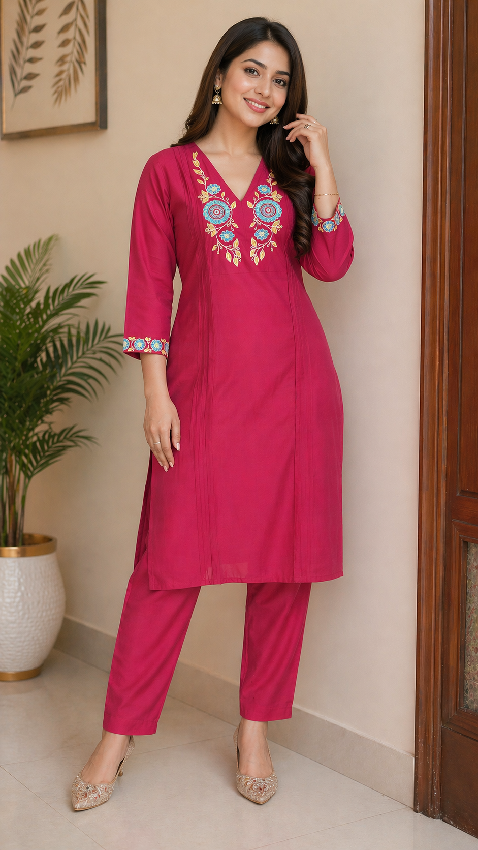 Pinkish Red Kurti Pant Set