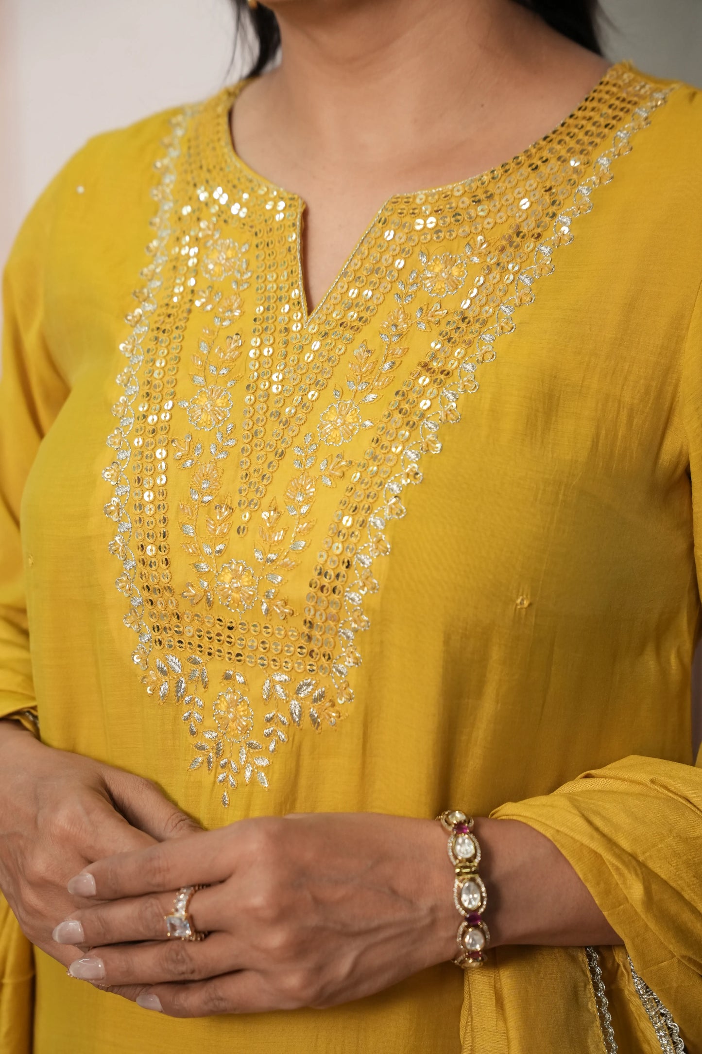 Rape Yellow Mul Chanderi Kurta Dupatta Set with Sequin & Embroidery Work