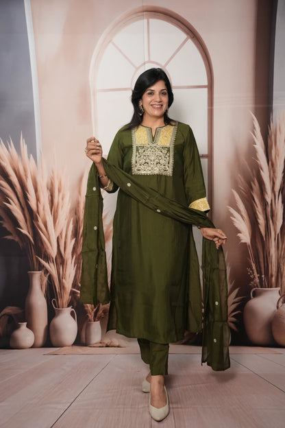 Dark Olive Muslin Silk Kurta Dupatta Set with Sequin & Embroidery Work