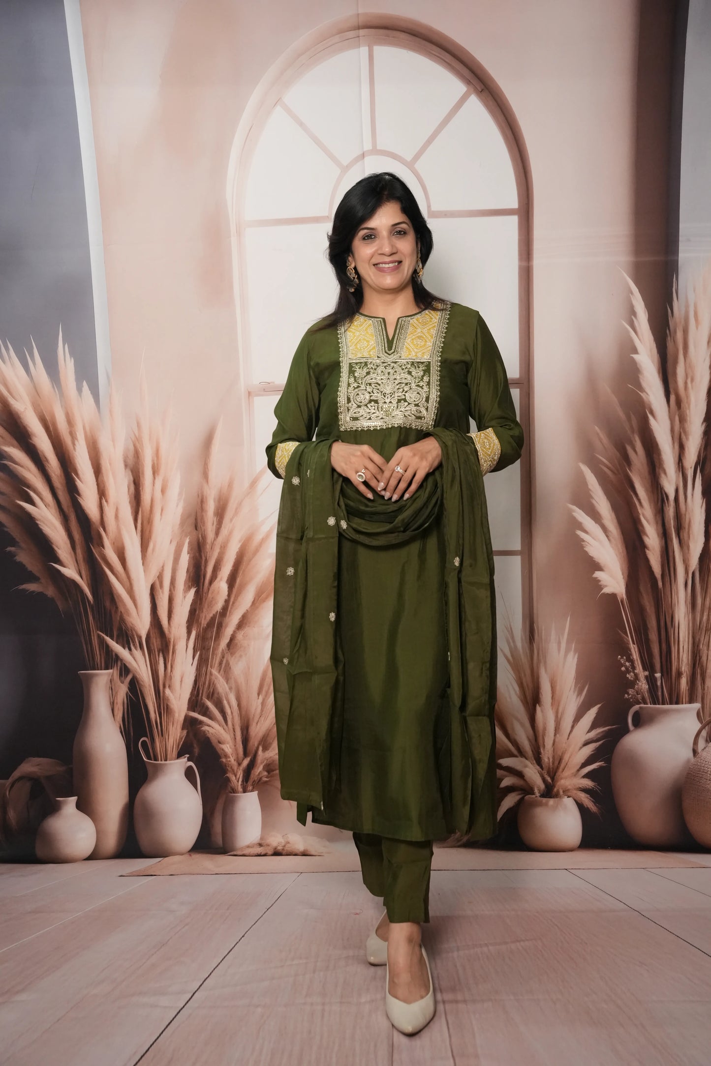 Dark Olive Muslin Silk Kurta Dupatta Set with Sequin & Embroidery Work