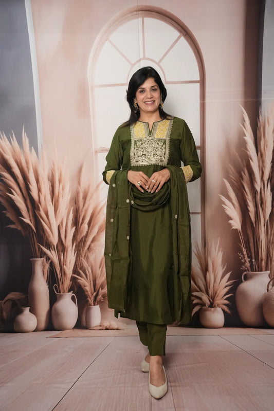 Dark Olive Muslin Silk Kurta Dupatta Set with Sequin & Embroidery Work