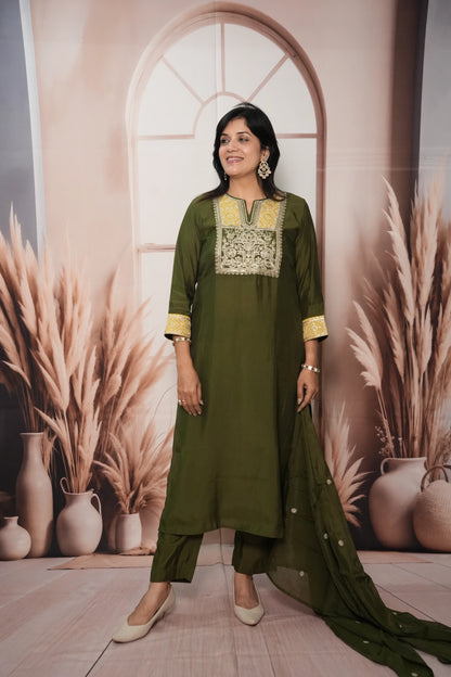 Dark Olive Muslin Silk Kurta Dupatta Set with Sequin & Embroidery Work