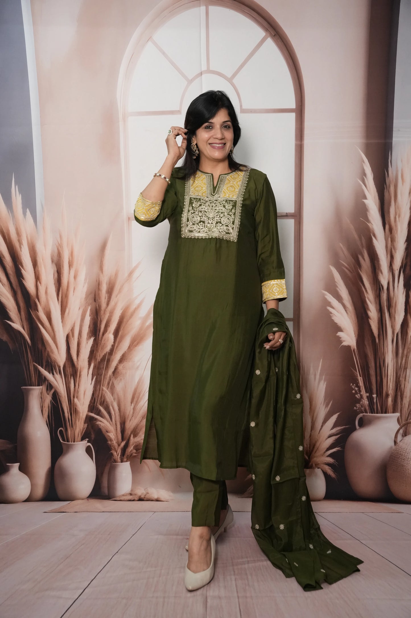 Dark Olive Muslin Silk Kurta Dupatta Set with Sequin & Embroidery Work