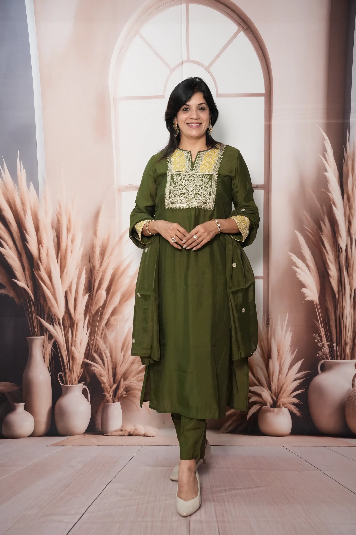 Dark Olive Muslin Silk Kurta Dupatta Set with Sequin & Embroidery Work