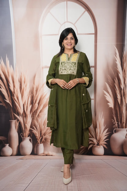 Dark Olive Muslin Silk Kurta Dupatta Set with Sequin & Embroidery Work