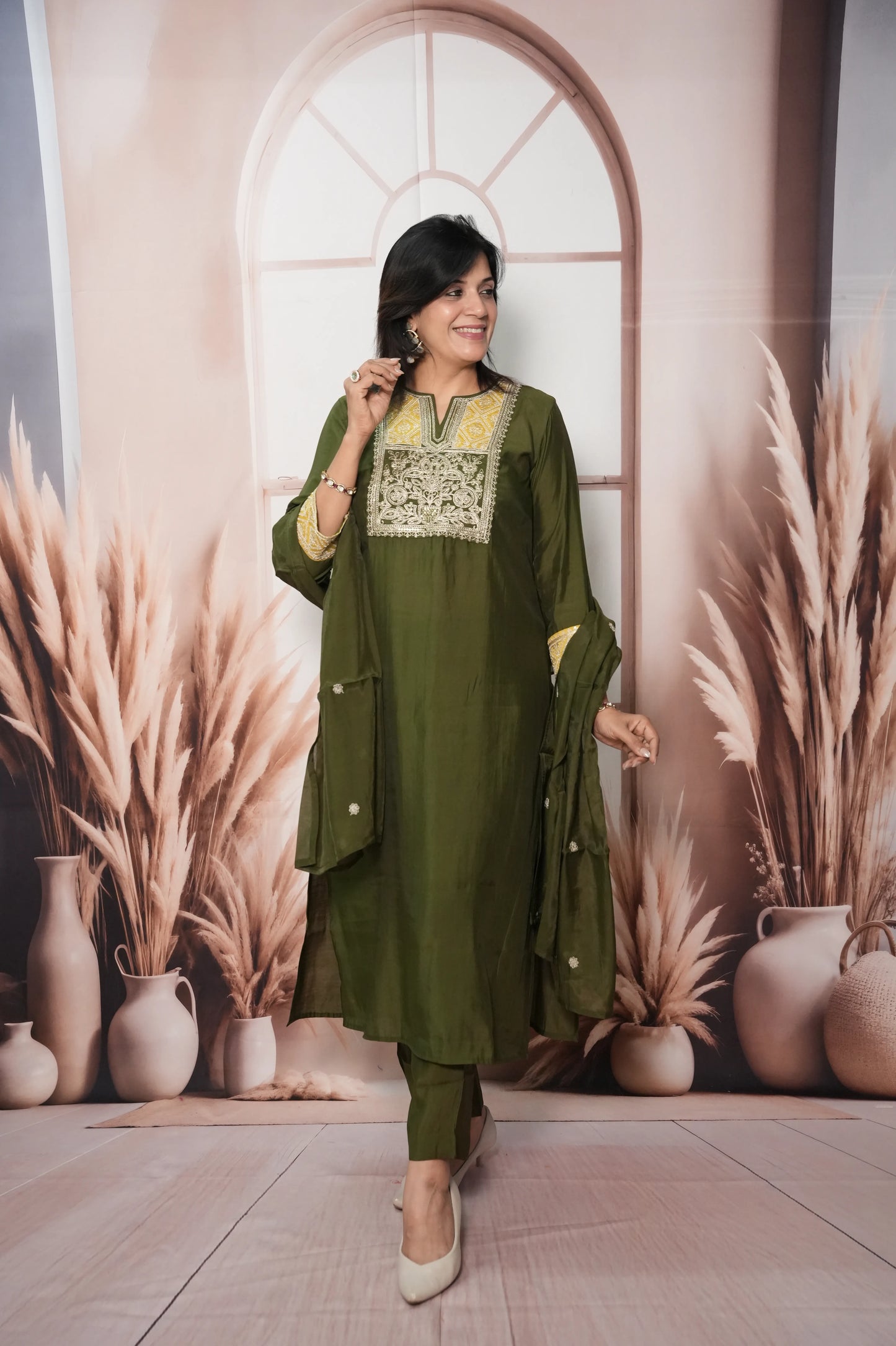 Dark Olive Muslin Silk Kurta Dupatta Set with Sequin & Embroidery Work