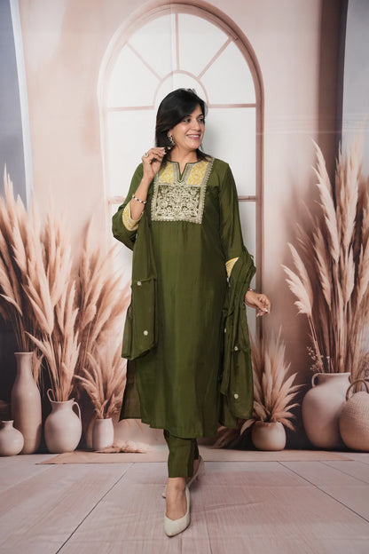 Dark Olive Muslin Silk Kurta Dupatta Set with Sequin & Embroidery Work