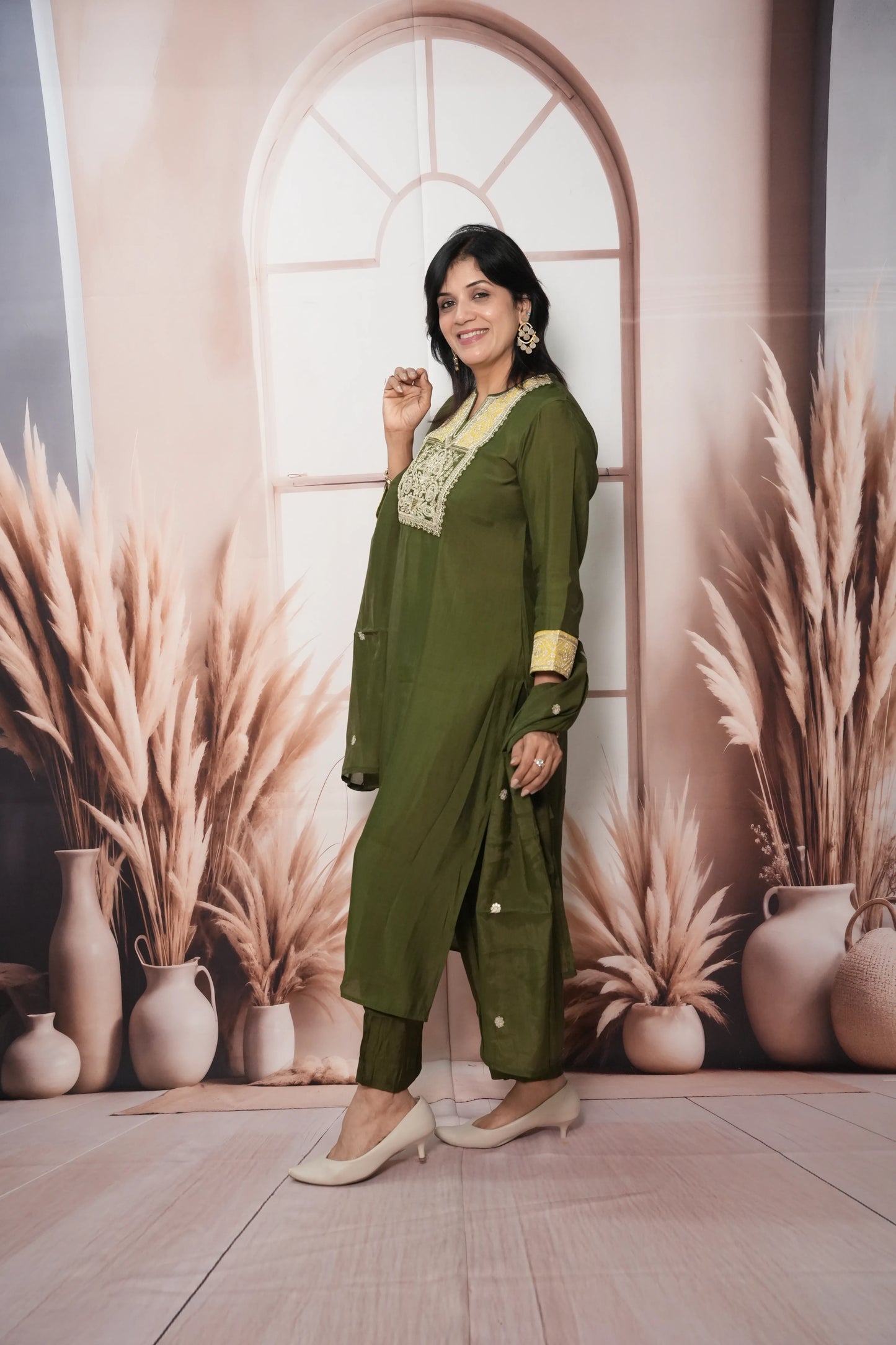 Dark Olive Muslin Silk Kurta Dupatta Set with Sequin & Embroidery Work