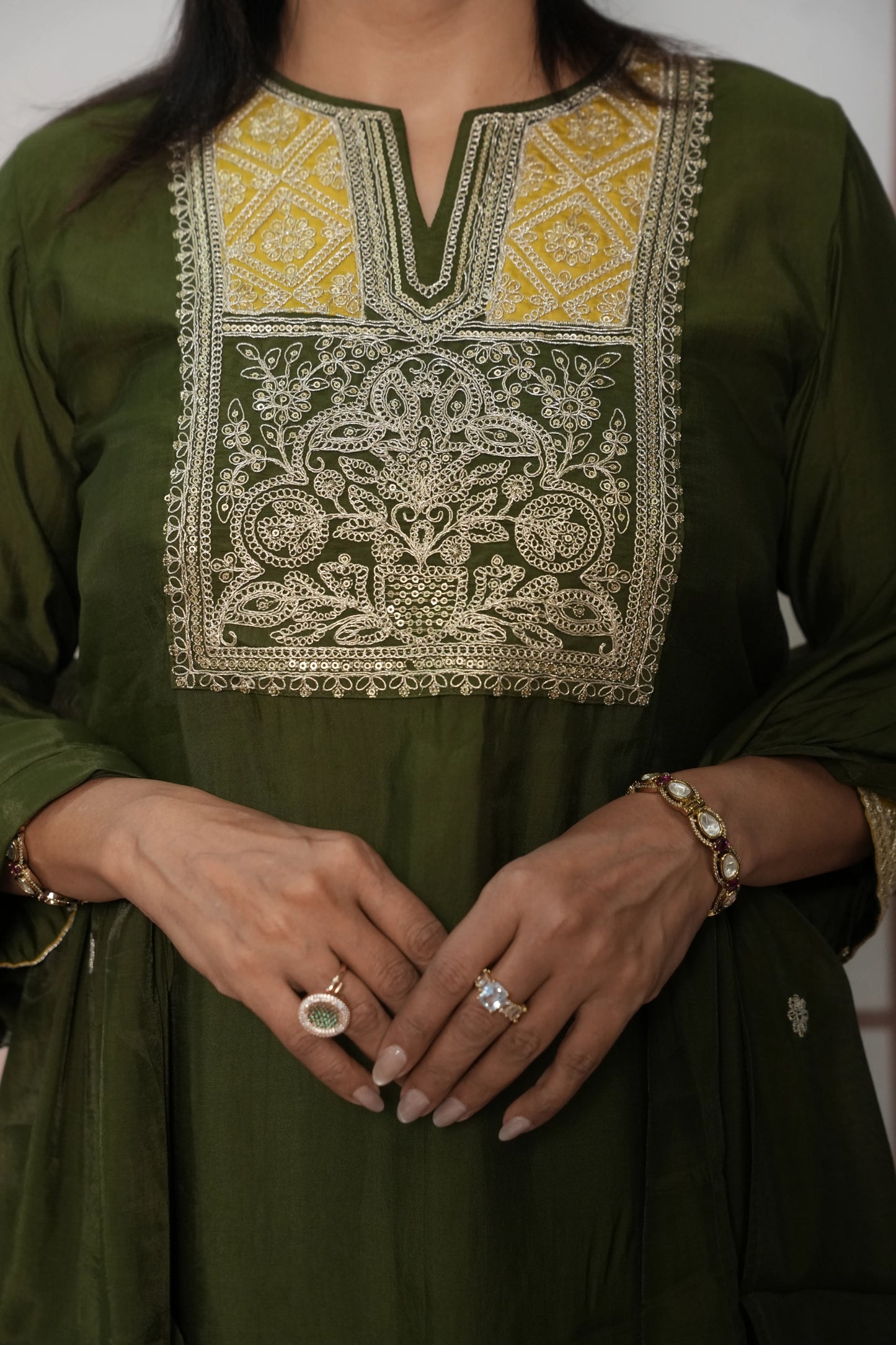 Dark Olive Muslin Silk Kurta Dupatta Set with Sequin & Embroidery Work