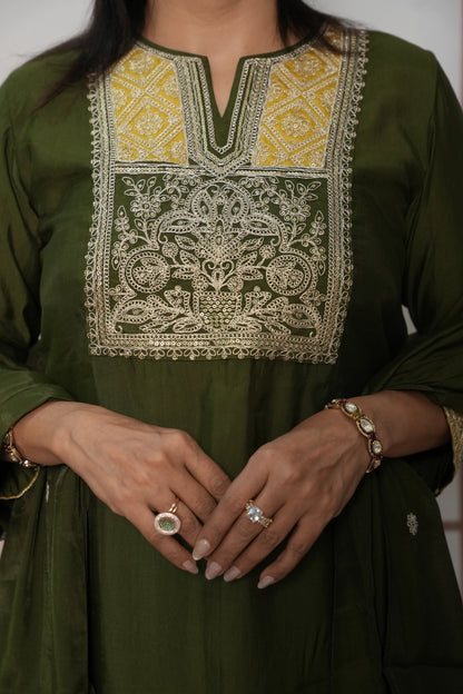 Dark Olive Muslin Silk Kurta Dupatta Set with Sequin & Embroidery Work