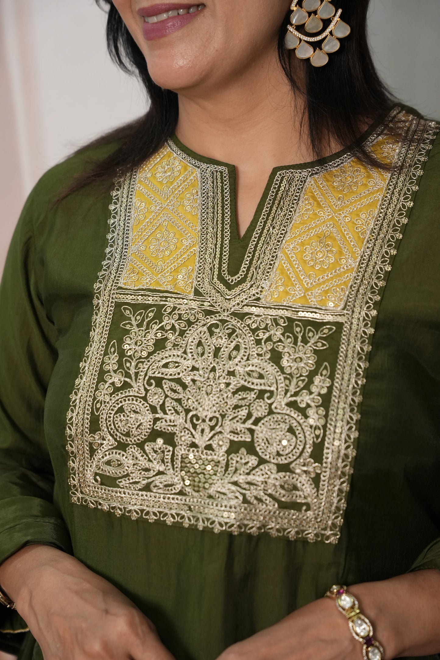 Dark Olive Muslin Silk Kurta Dupatta Set with Sequin & Embroidery Work