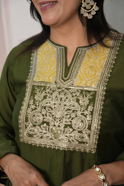 Dark Olive Muslin Silk Kurta Dupatta Set with Sequin & Embroidery Work
