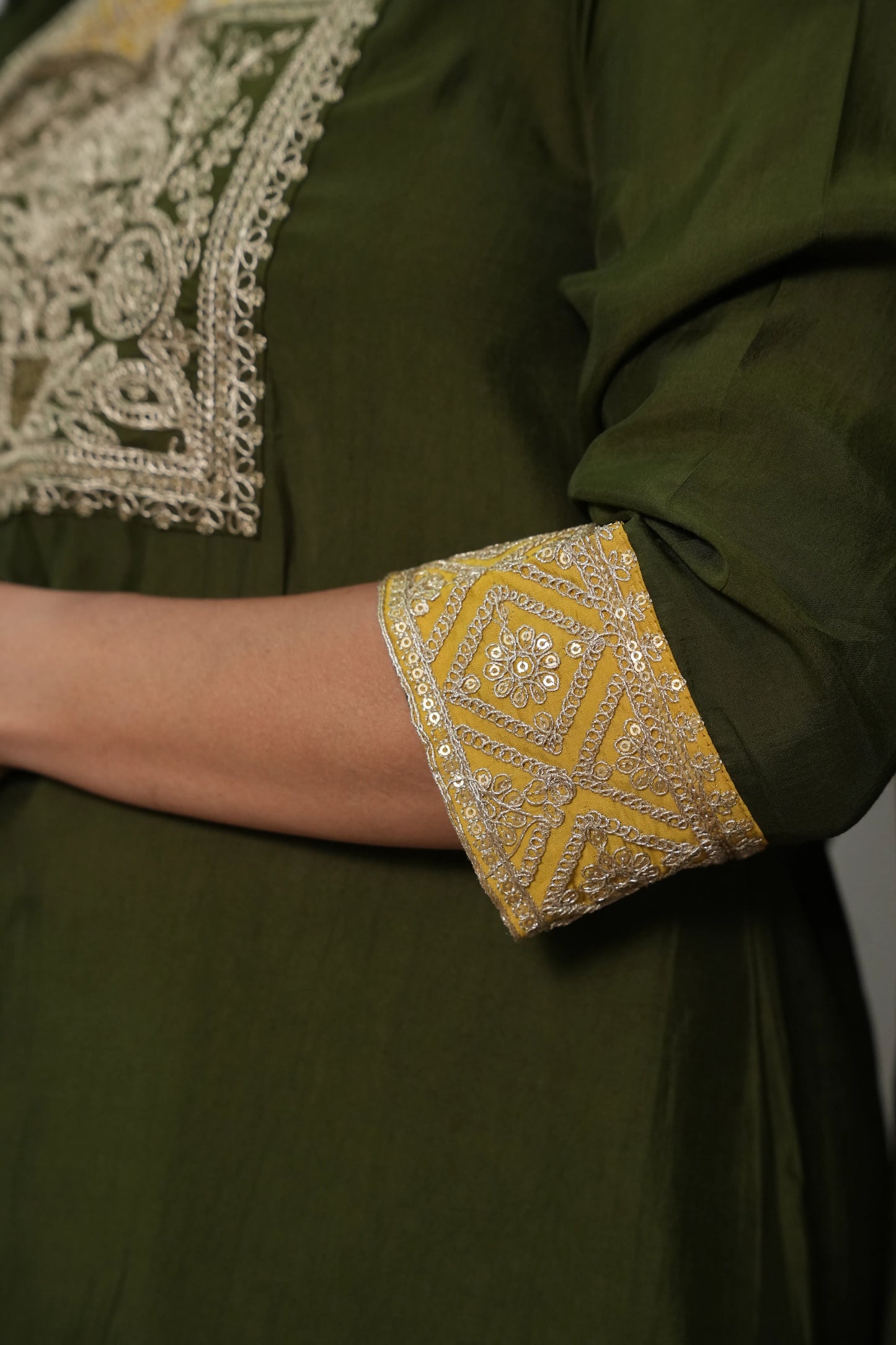 Dark Olive Muslin Silk Kurta Dupatta Set with Sequin & Embroidery Work