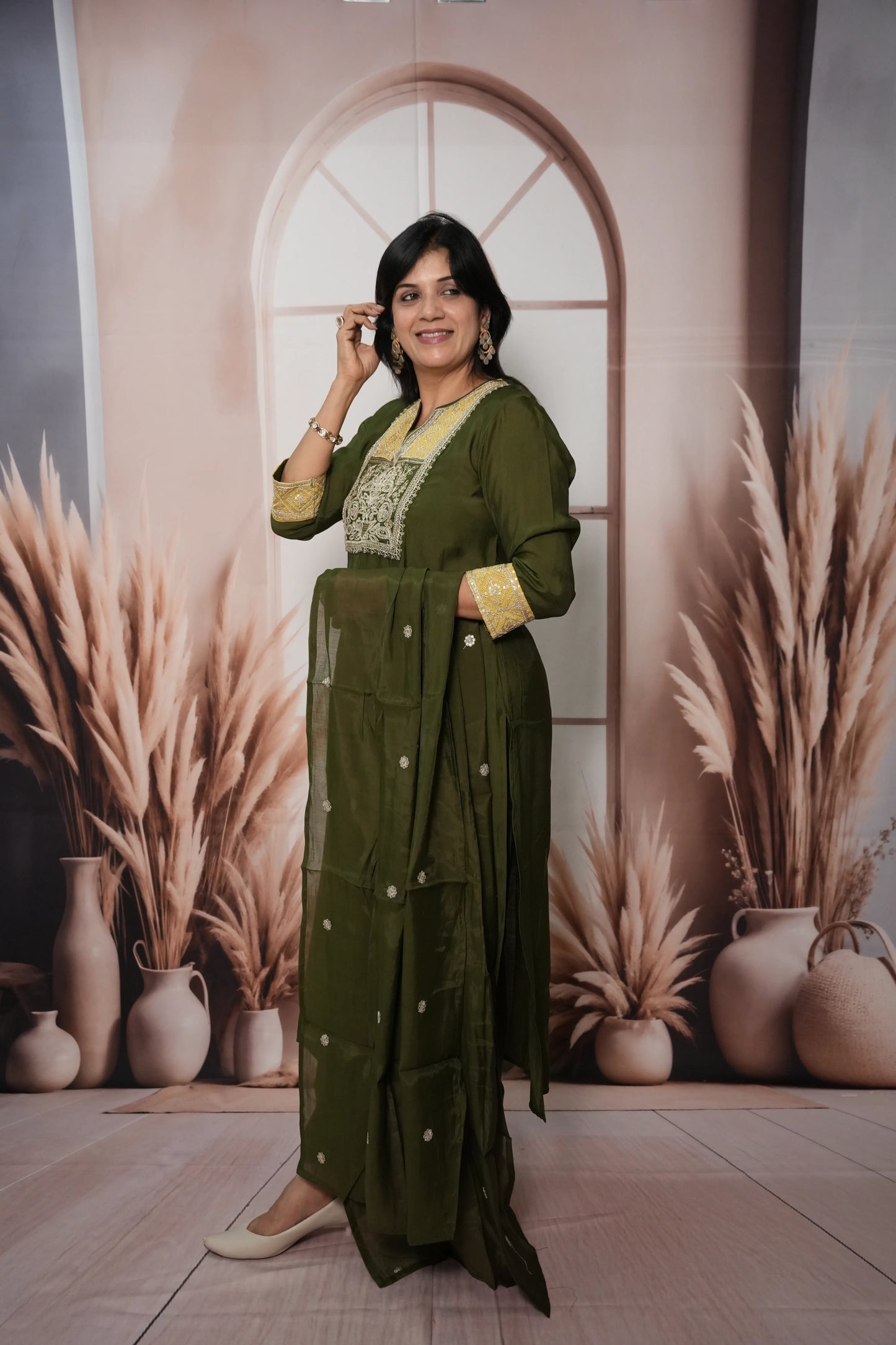 Dark Olive Muslin Silk Kurta Dupatta Set with Sequin & Embroidery Work