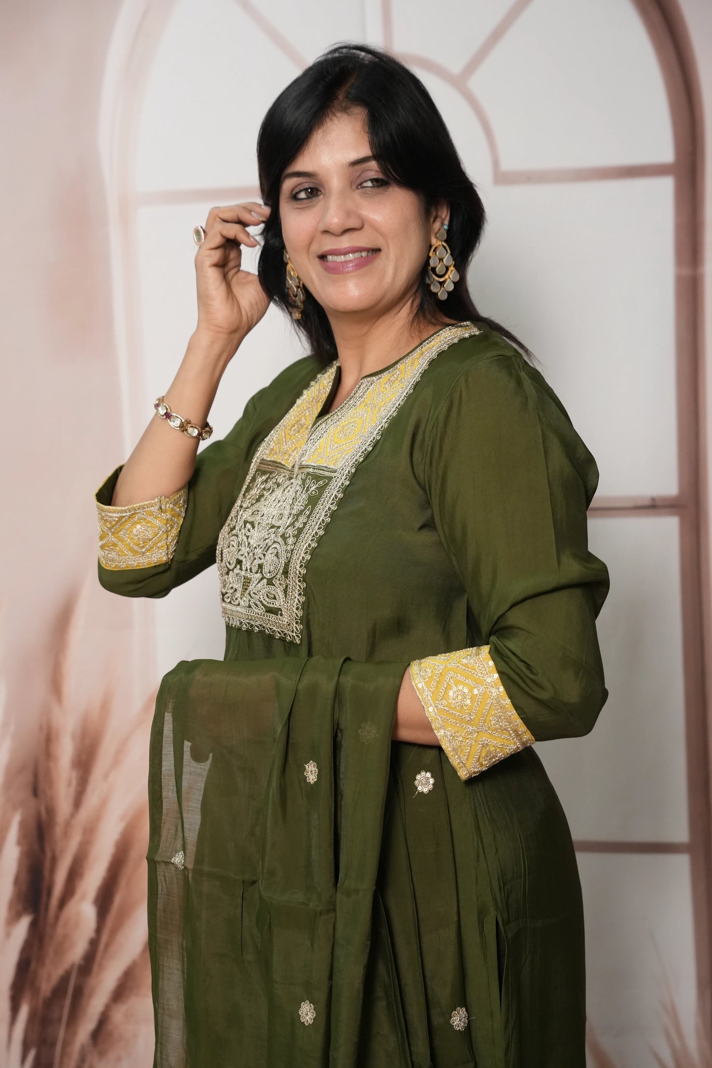 Dark Olive Muslin Silk Kurta Dupatta Set with Sequin & Embroidery Work