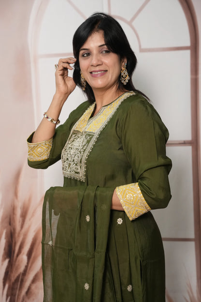Dark Olive Muslin Silk Kurta Dupatta Set with Sequin & Embroidery Work