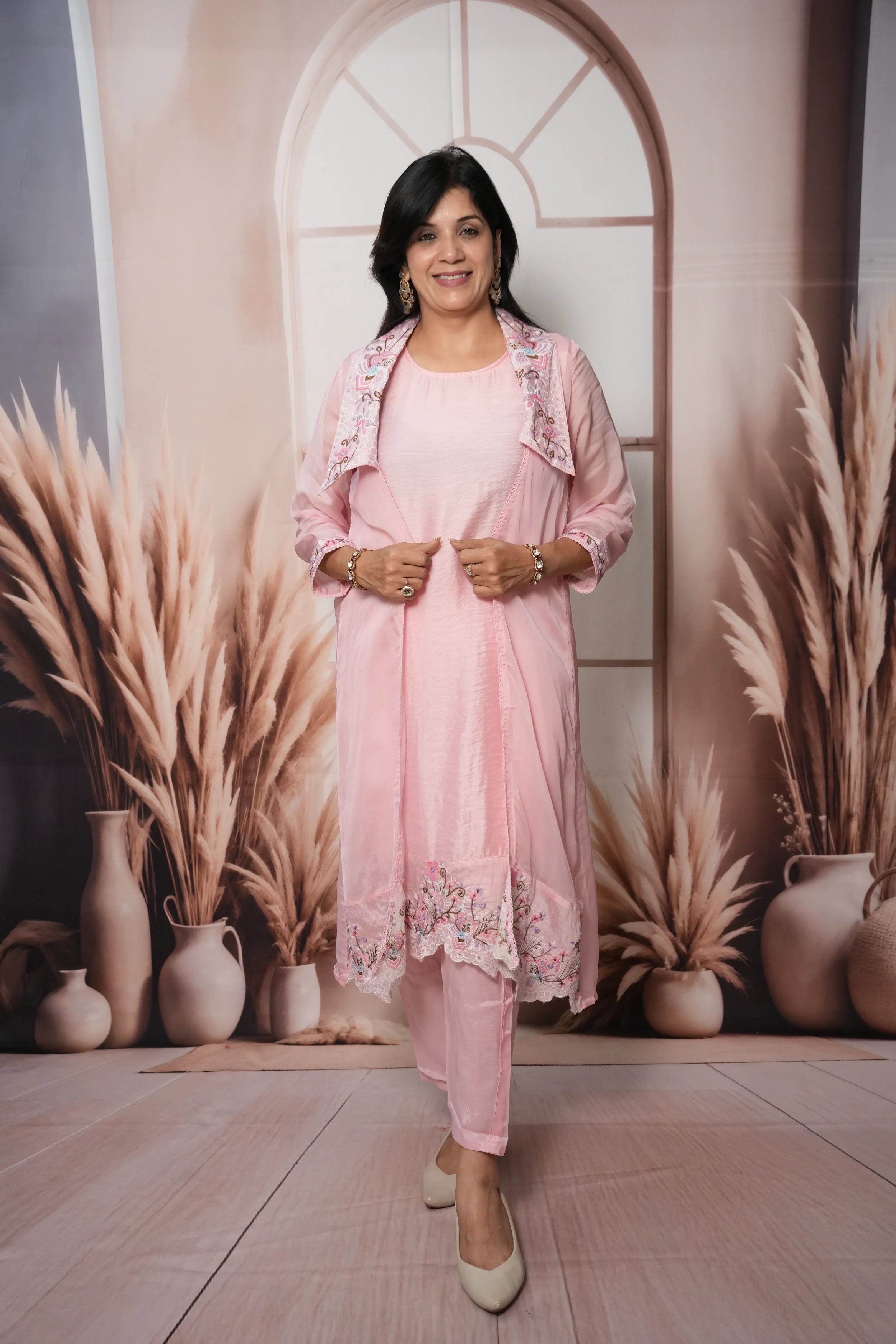 Baby Pink Soft Silk & Chiffon Kurta Pant Set with Shrug | Sequins & Thread Cut Work