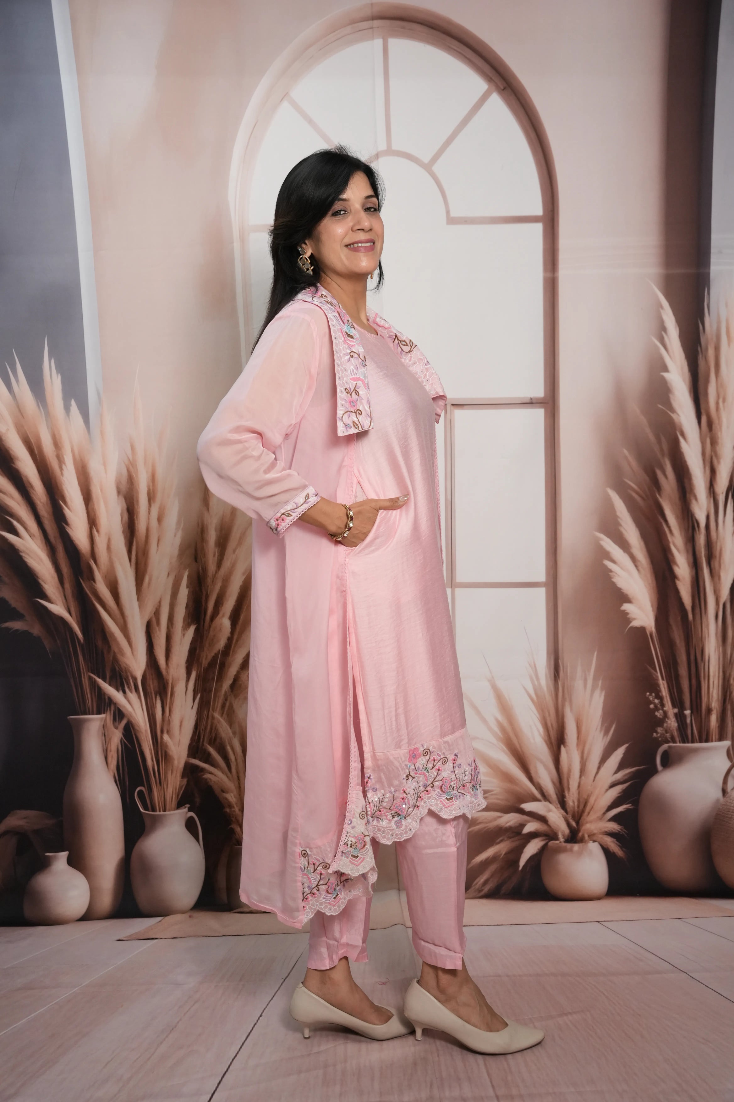Baby Pink Soft Silk & Chiffon Kurta Pant Set with Shrug | Sequins & Thread Cut Work
