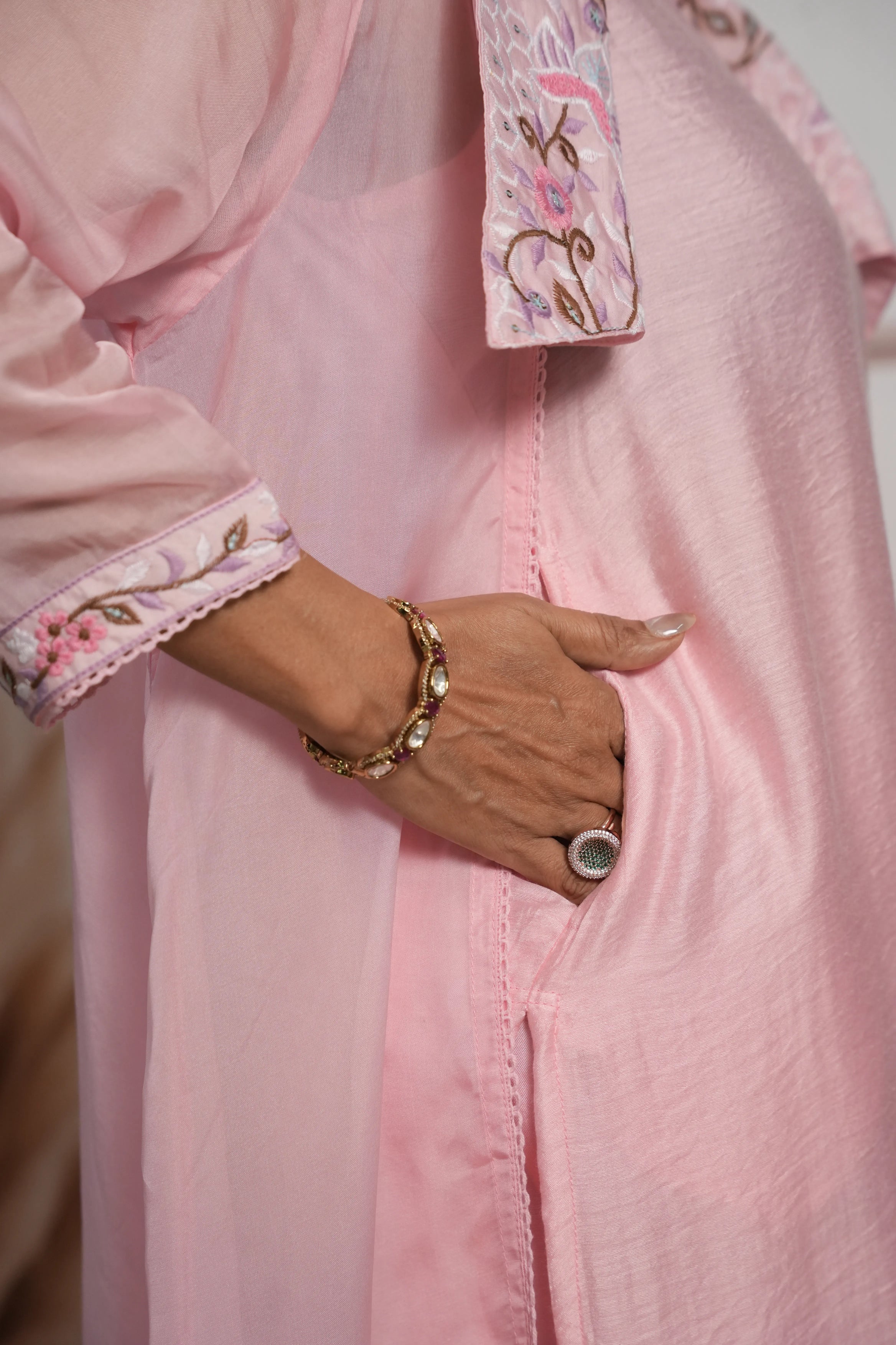 Baby Pink Soft Silk & Chiffon Kurta Pant Set with Shrug | Sequins & Thread Cut Work