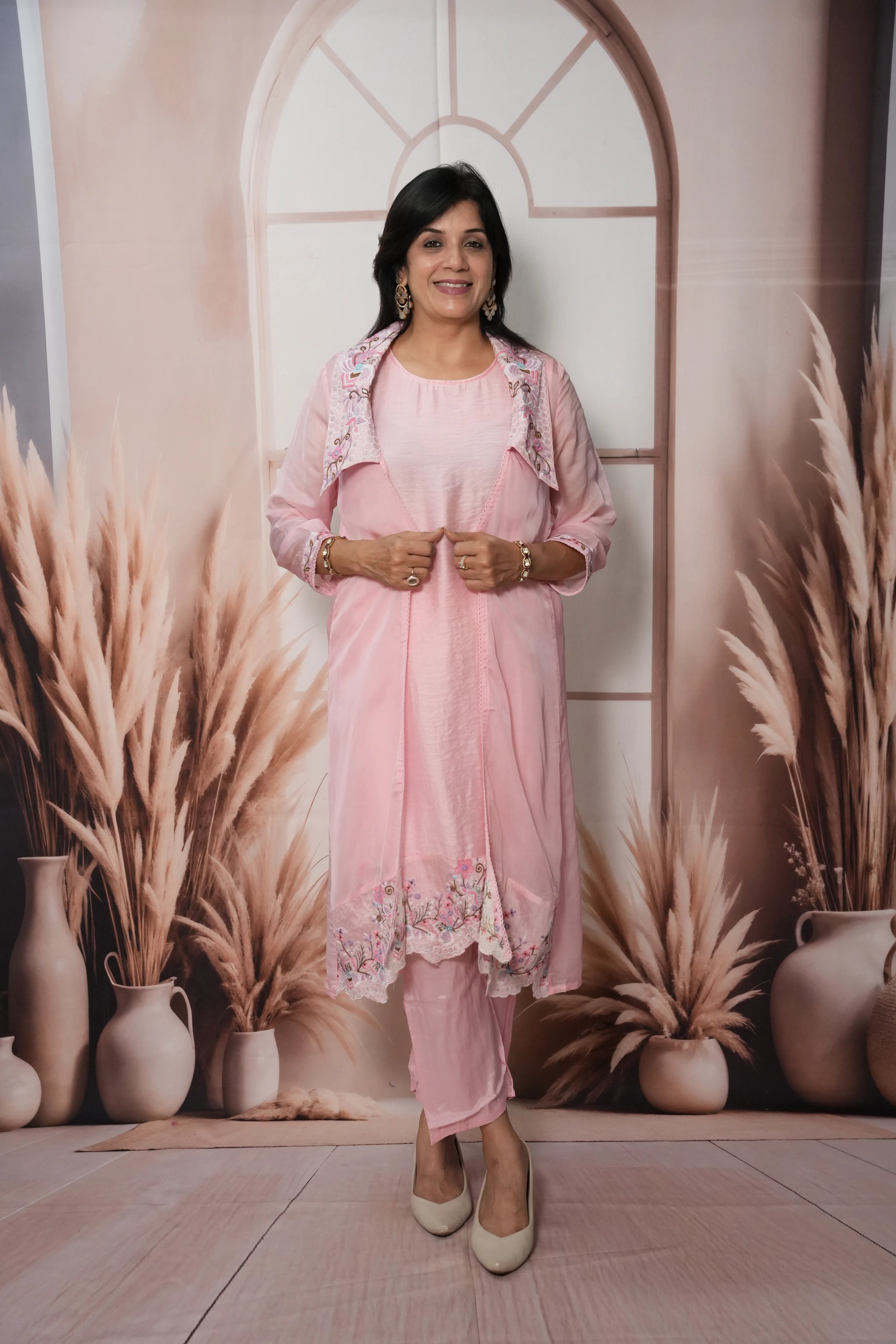 Baby Pink Soft Silk & Chiffon Kurta Pant Set with Shrug | Sequins & Thread Cut Work